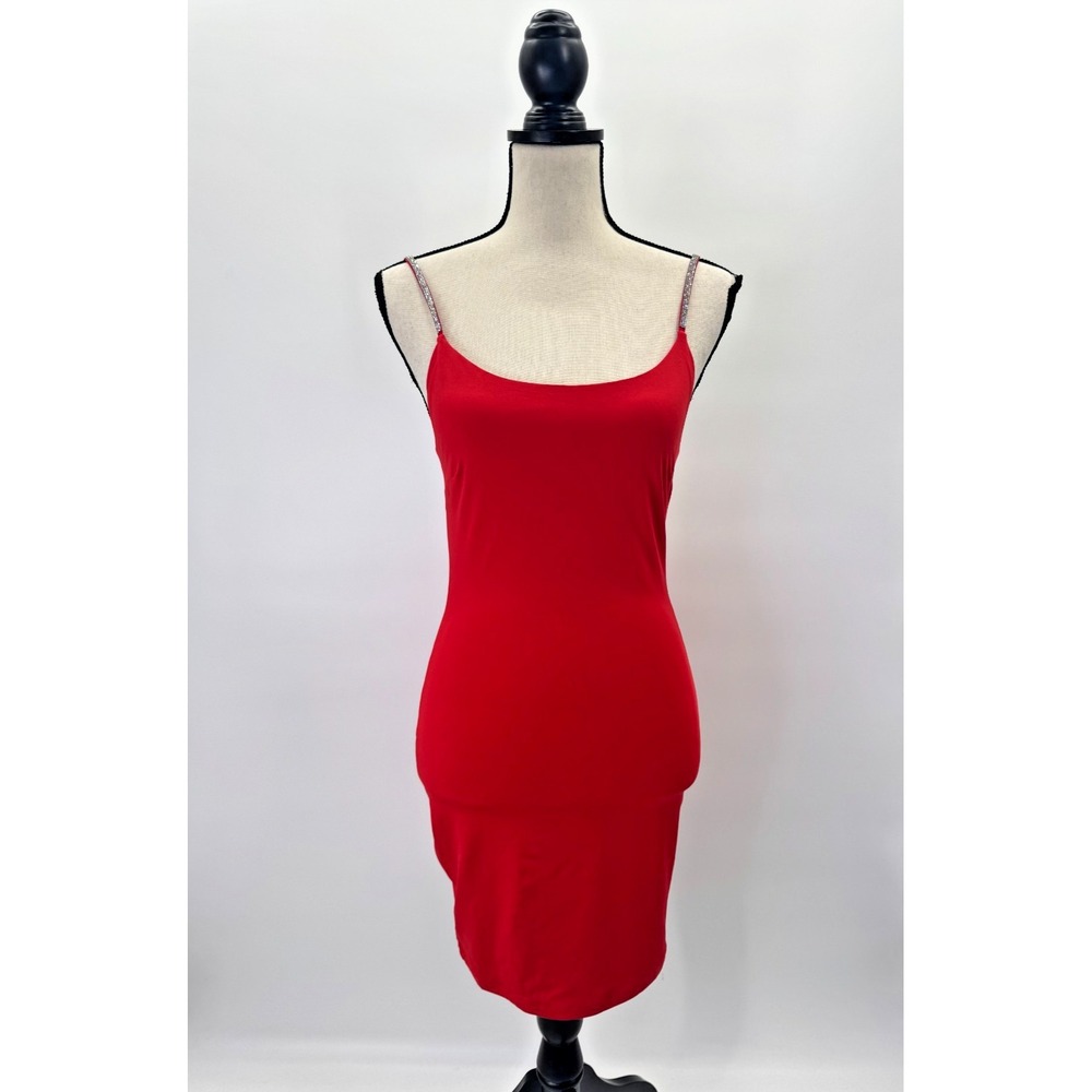 Iris Red Bodycon Sparkle Bling Rhinestone Strap Dress Medium Stretch Baddie Club